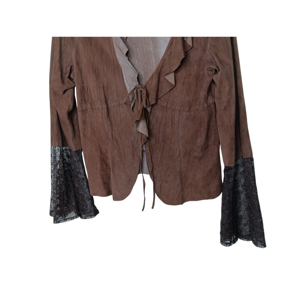 Morton & Rossi Brown Suede Leather Tie Front Top L Boho Lace Bell Sleeve Jacket - Picture 5 of 15